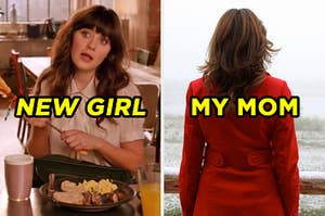 On the left, Jess from "New Girl" and on the right, a woman wearing a coat and facing a field labeled "my mom"