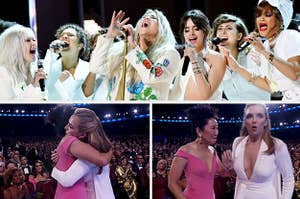 Camila Cabello, Cyndi Lauper, and Andra Day joining Kesha on stage at the Grammys; Sandra Oh congratulating Jodie Comer for her Emmy win