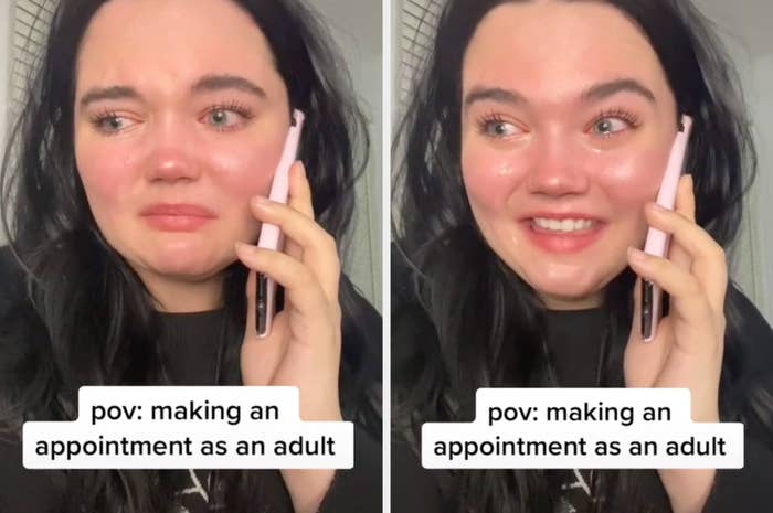 A TikTok image of a woman holding a phone to her face, looking frightened and crying, with the caption, &quot;POV: Making an appointment as an adult&quot;