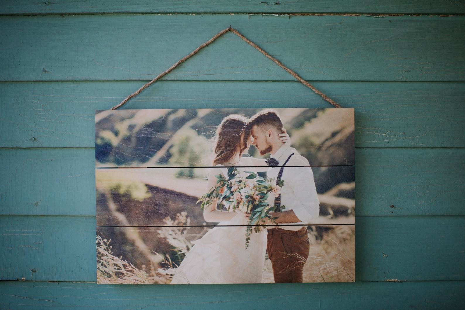 Wood photo print hanging on wall