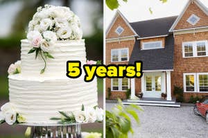 "5 years" over a wedding cake and a house