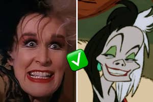 A live-action Cruella de Vil is on the life with an animated version on the right and a checkmark emoji in the center