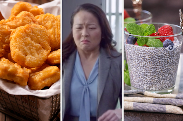 Side-by-side images of chicken nuggets, someone making a yuck face, and chia pudding