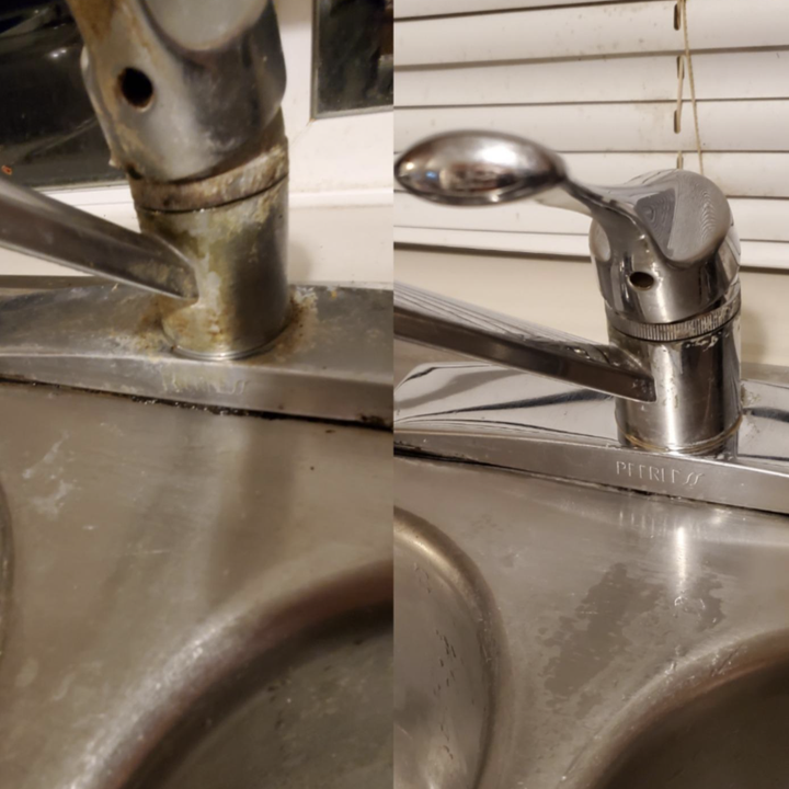 A customer review before and after photo showing the results of using The Pink Stuff on their sink