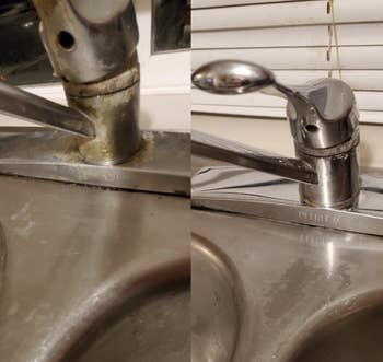 A customer review before and after showing the results of using The Pink Stuff on their sink