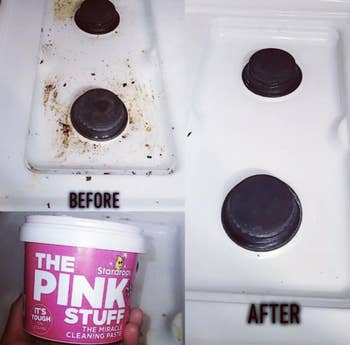A reviewer before and after showing the results of using The Pink Stuff on their stovetop