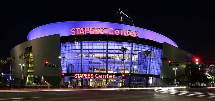 An exterior view of Staples Center in downtown Los Angeles on August 29, 2015 in Los Angeles, California