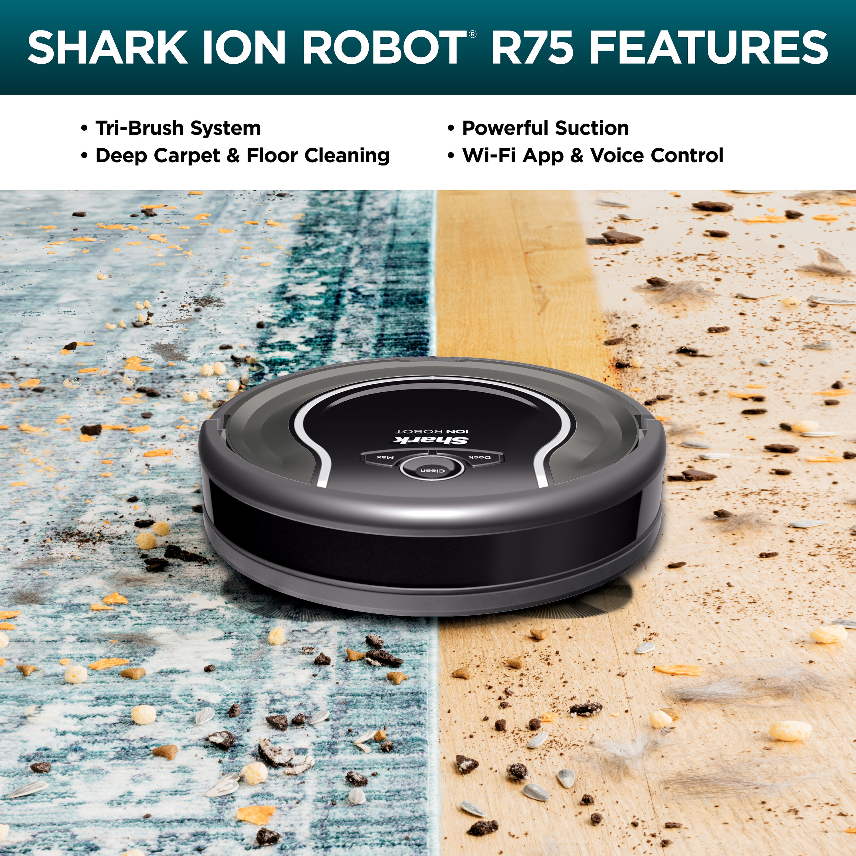 Shark robot vacuum on a hardwood and carpet floor 