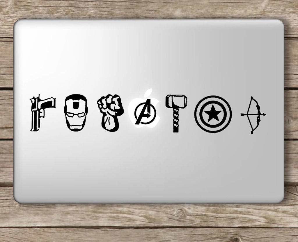 A laptop decal with minimalist logos of each Avenger