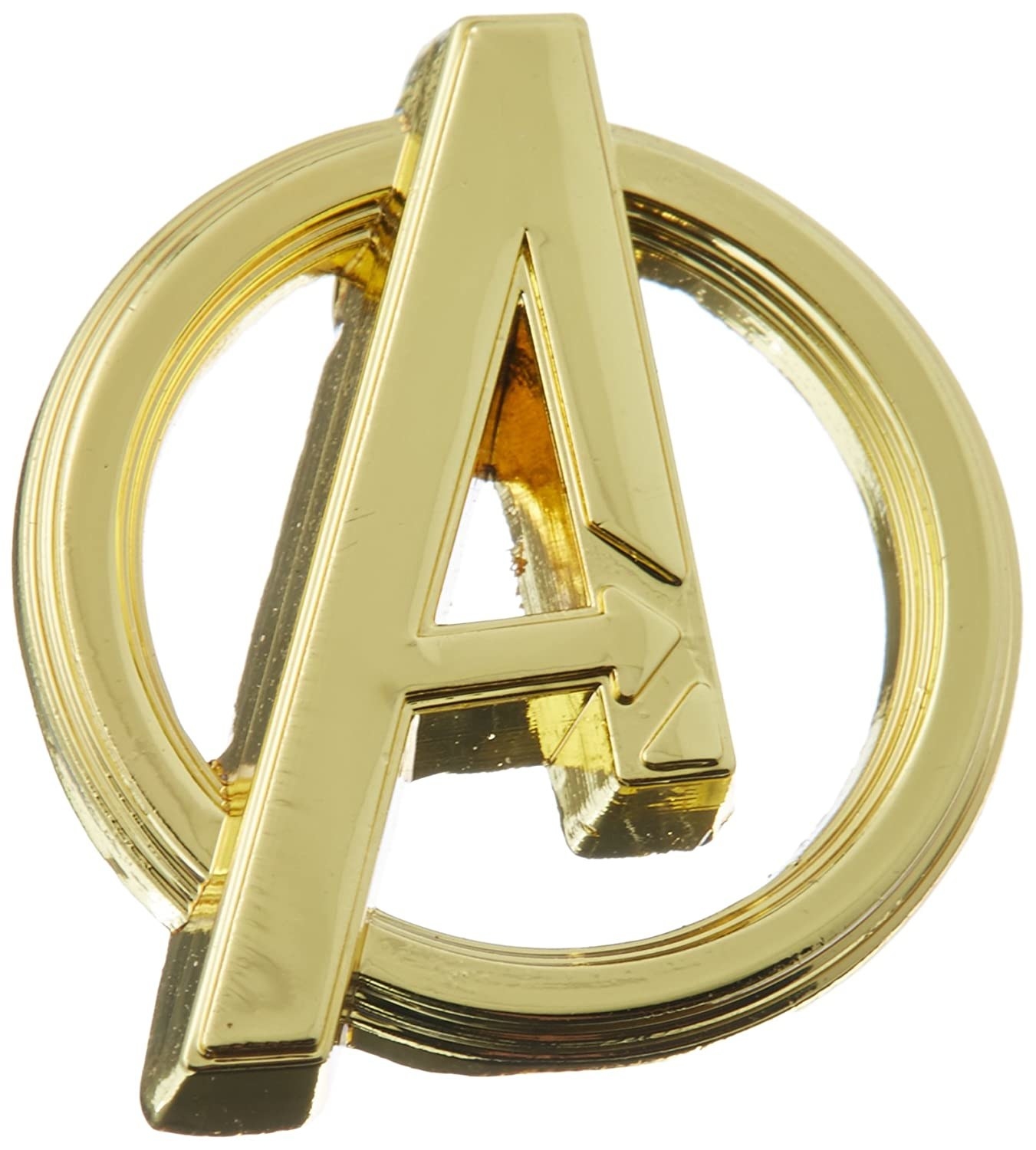 A golden lapel pin in the shape of the Avengers logo