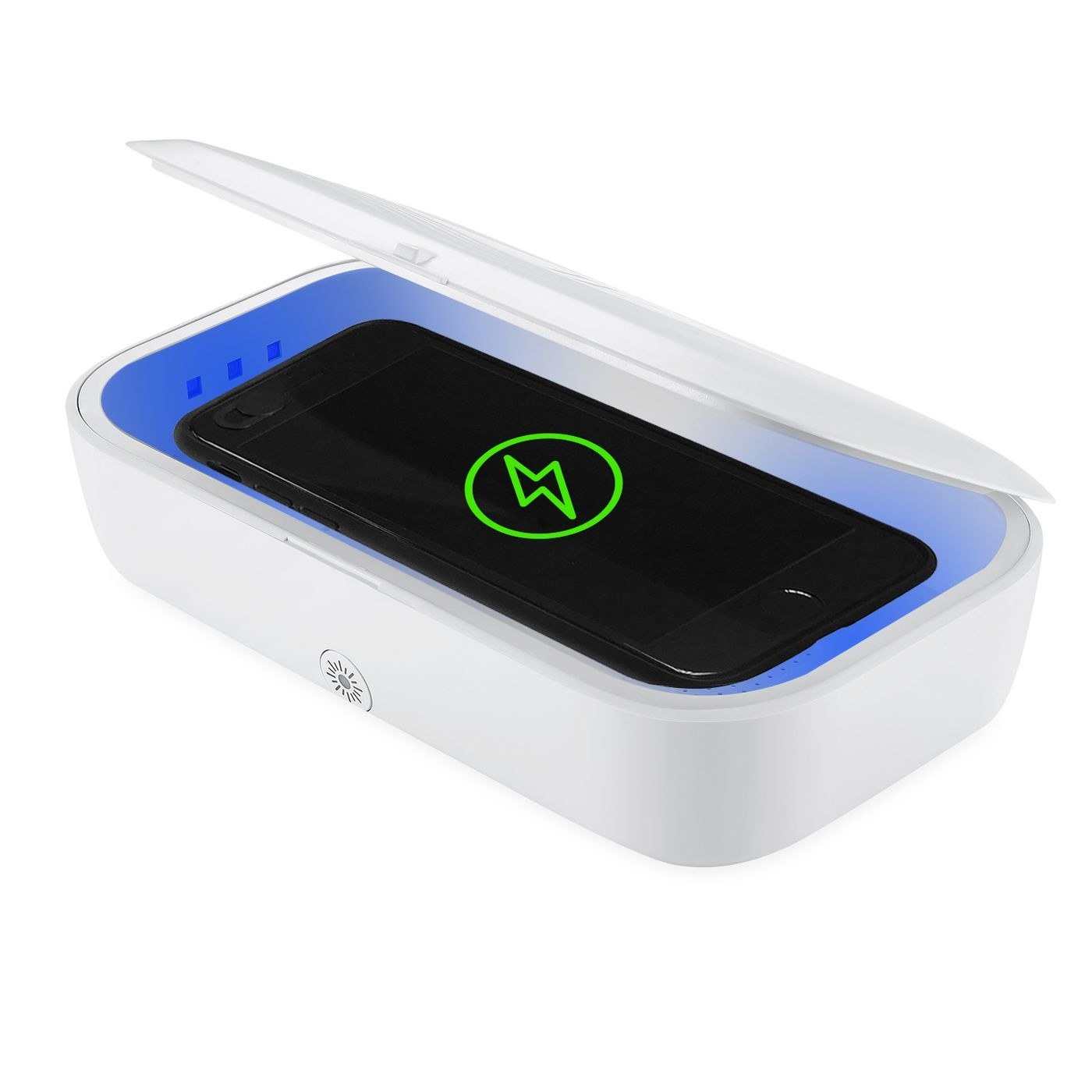 The UV sanitizer, which is rectangular, slightly larger than a phone, and has a top cover to close after you place your phone inside