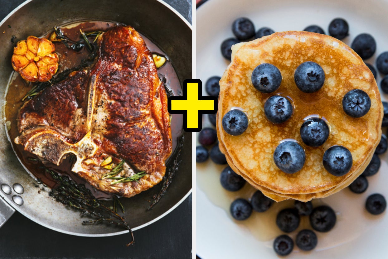 A steak is fried in a pan and pancakes covered in blueberries.