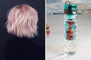 pink hair on the left and a infuser water bottle on the right