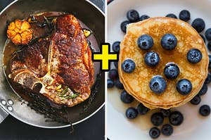 A steak is fried in a pan and pancakes covered in blueberries.