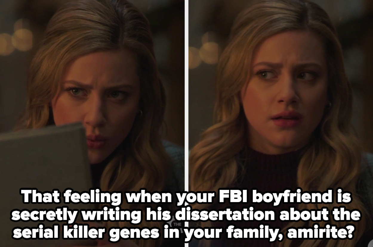 Betty looking at the dissertation and then at glen with the caption &quot;That feeling when your FBI boyfriend is secretly writing his dissertation about the serial killer genes in your family, amirite?&quot;