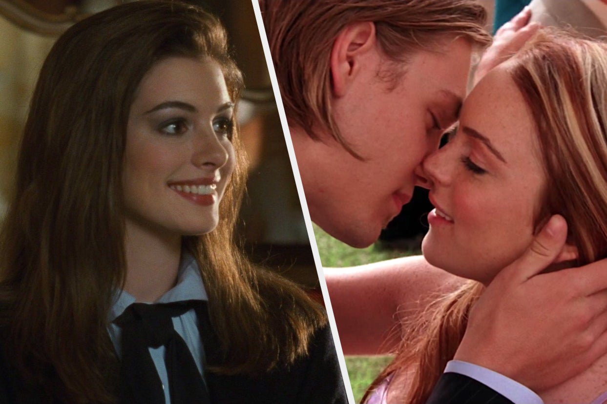 mia from the princess diaries on the left and lindsay lohan in freaky friday kissing chad michael murray on the right