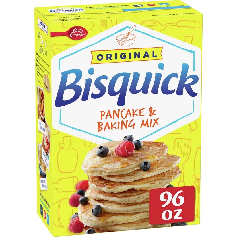 the yellow box with a stack of pancakes