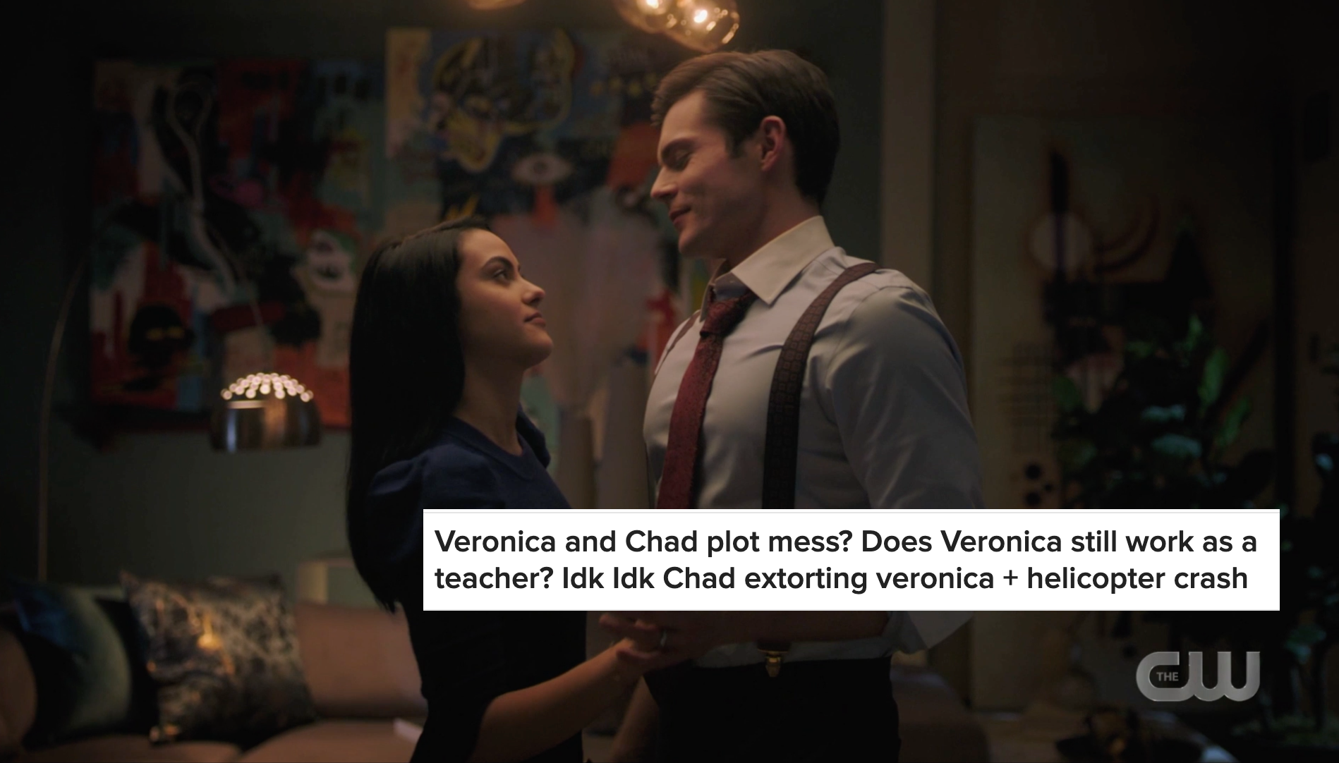 Chad and Veronica with notes about their plot line and Chard extorting Veronica