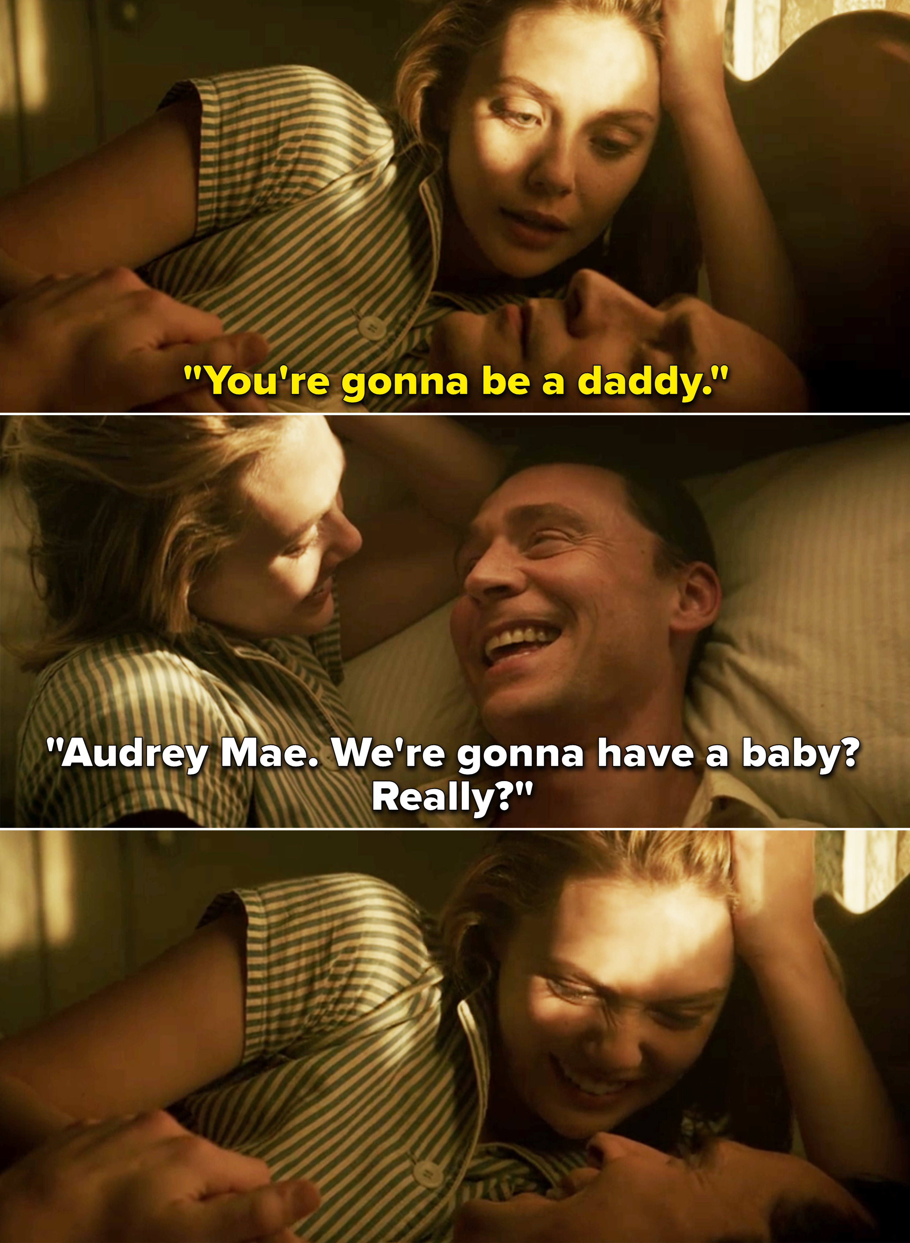 Audrey Mae telling Hank, &quot;You&#x27;re gonna be a daddy&quot; and Hank saying, &quot;Audrey Mae. We&#x27;re gonna have a baby? Really?&quot;