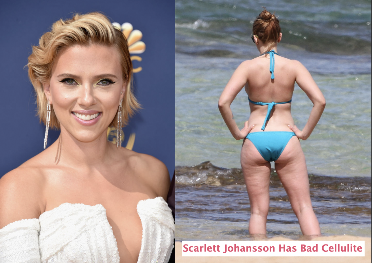 Scarlett smiling, and a paparazzi pic of her from behind in a bikini