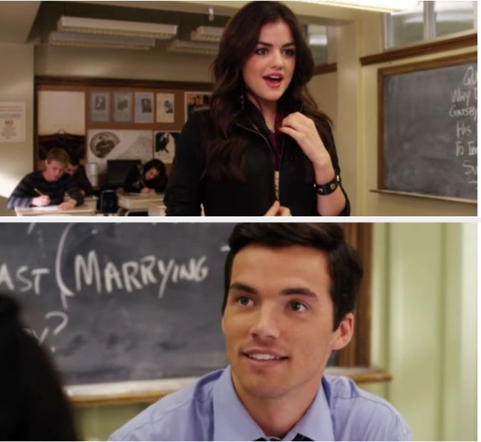 Aria and Ezra looking at each other in a classroom on &quot;Pretty Little Liars&quot;