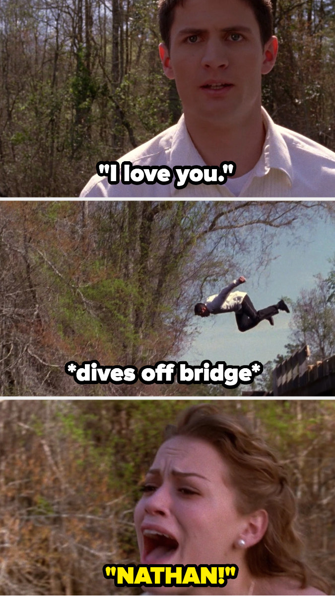 Nathan tells Haley he loves her, then dives off bridge into the water