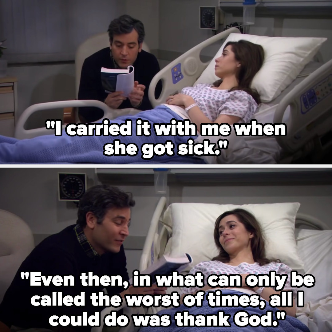 Ted reads to Tracy at the hospital