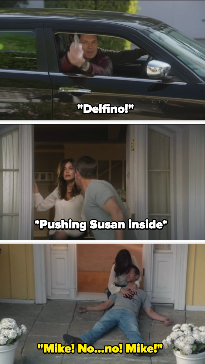 A loan shark shouts &quot;Delfino!&quot; aiming a gun, and Mike pushes Susan inside then is shot. Susan cries, holding his body