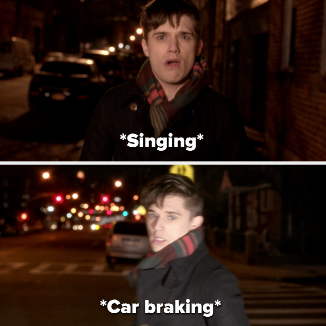 Kyle sings while walking, then walks into headlights as a car brakes