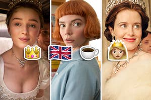 the crown, british flag, tea cup, and queen emoji beside characters from bridgerton, the queen's gambit, and the crown