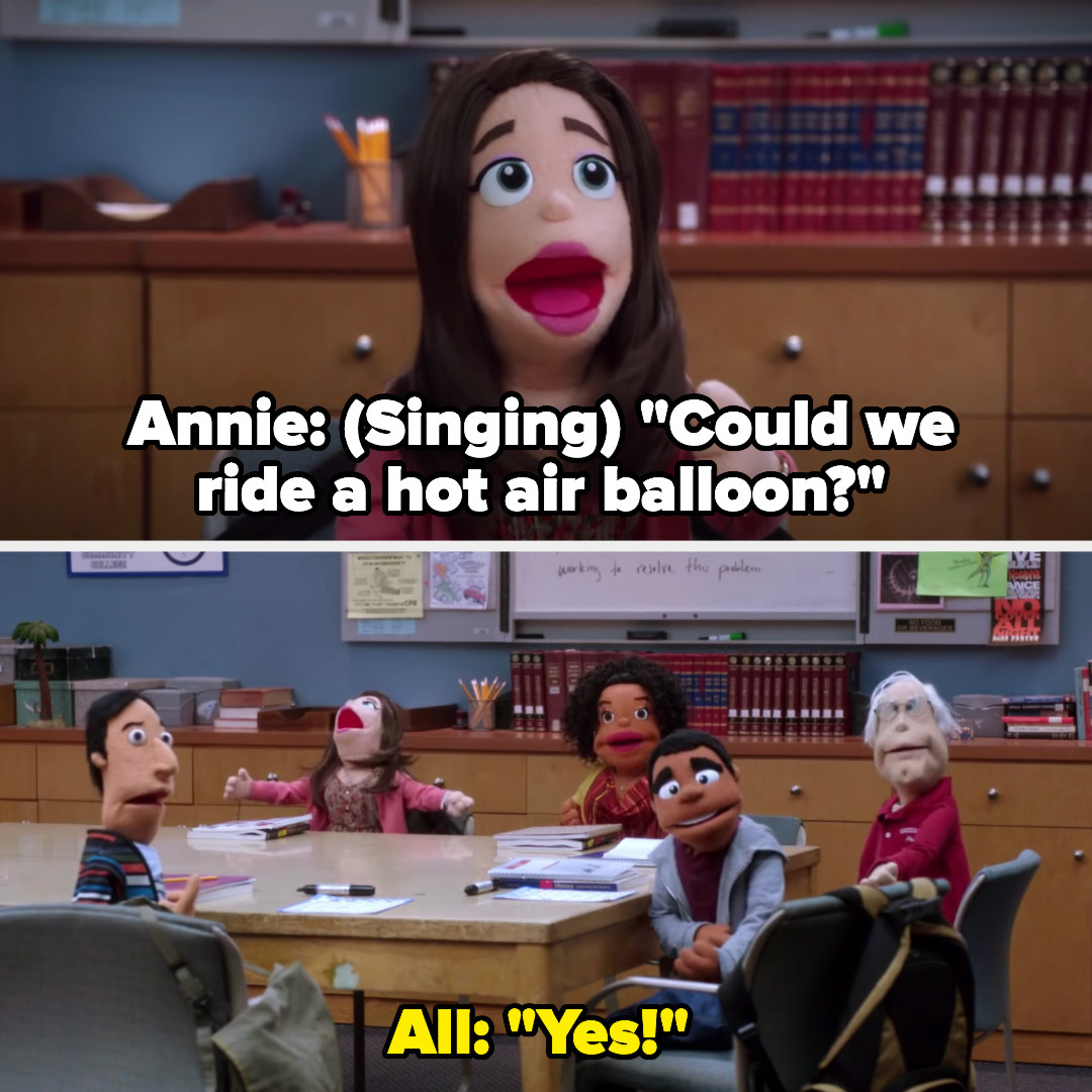 In puppet form, Annie sings asking if they can ride a hot-air balloon, and they all yell, "Yes!"