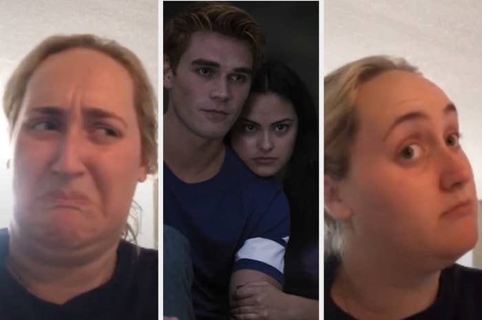 Side by side photo of Brittany Broski looking disgusted then Archie and Veronica from "Riverdale" and then Brittany Broski looking surprised