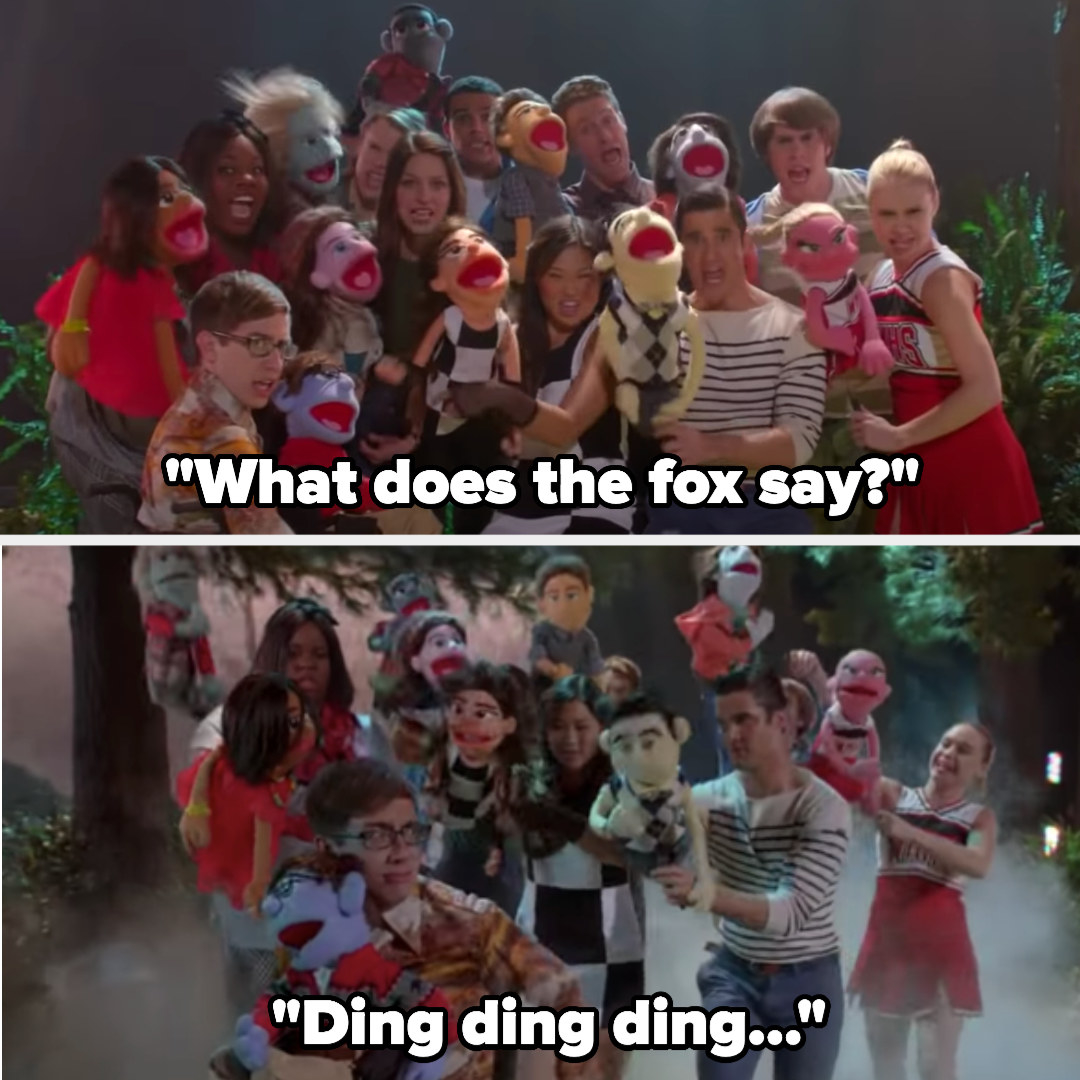 The Glee club singing &quot;The Fox&quot; with puppets and animal ears and noses