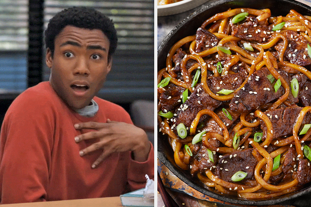 On the left, Donald Glover raiding his eyebrows in surprise and placing a hand on his heart as Troy in "Community," and on the right, some beef lo mein