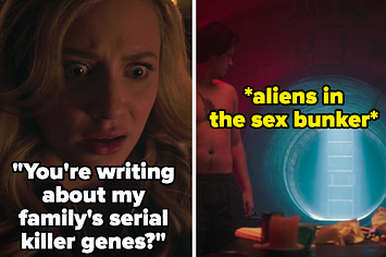 Betty with the caption "you're writing about my family's serial killer genes" side by side with jughead in the sex bunker with the caption *aliens in the sex bunker*
