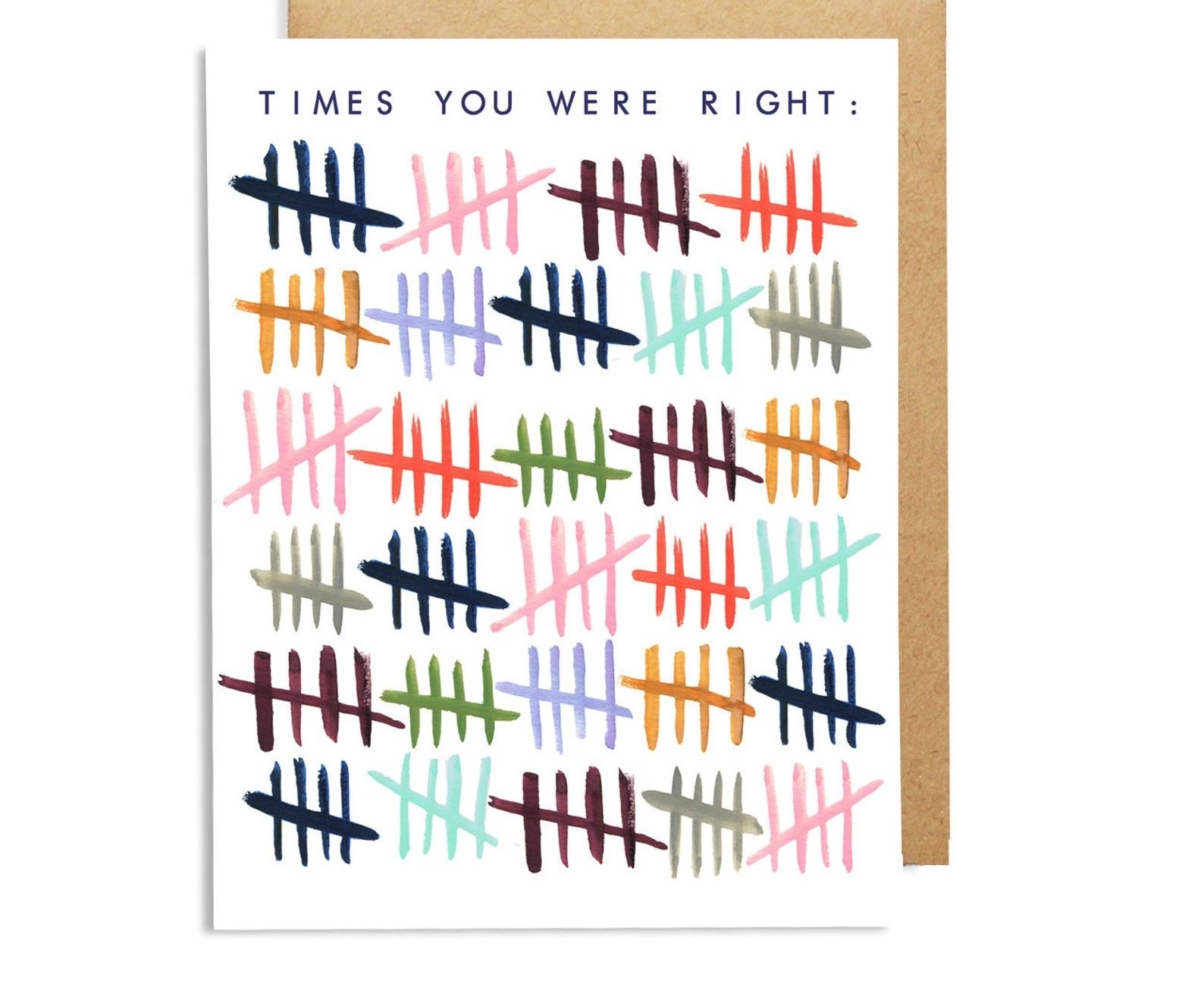 the card that reads &quot;times you were right&quot; in black font at the top with an illustration of different colored tallies