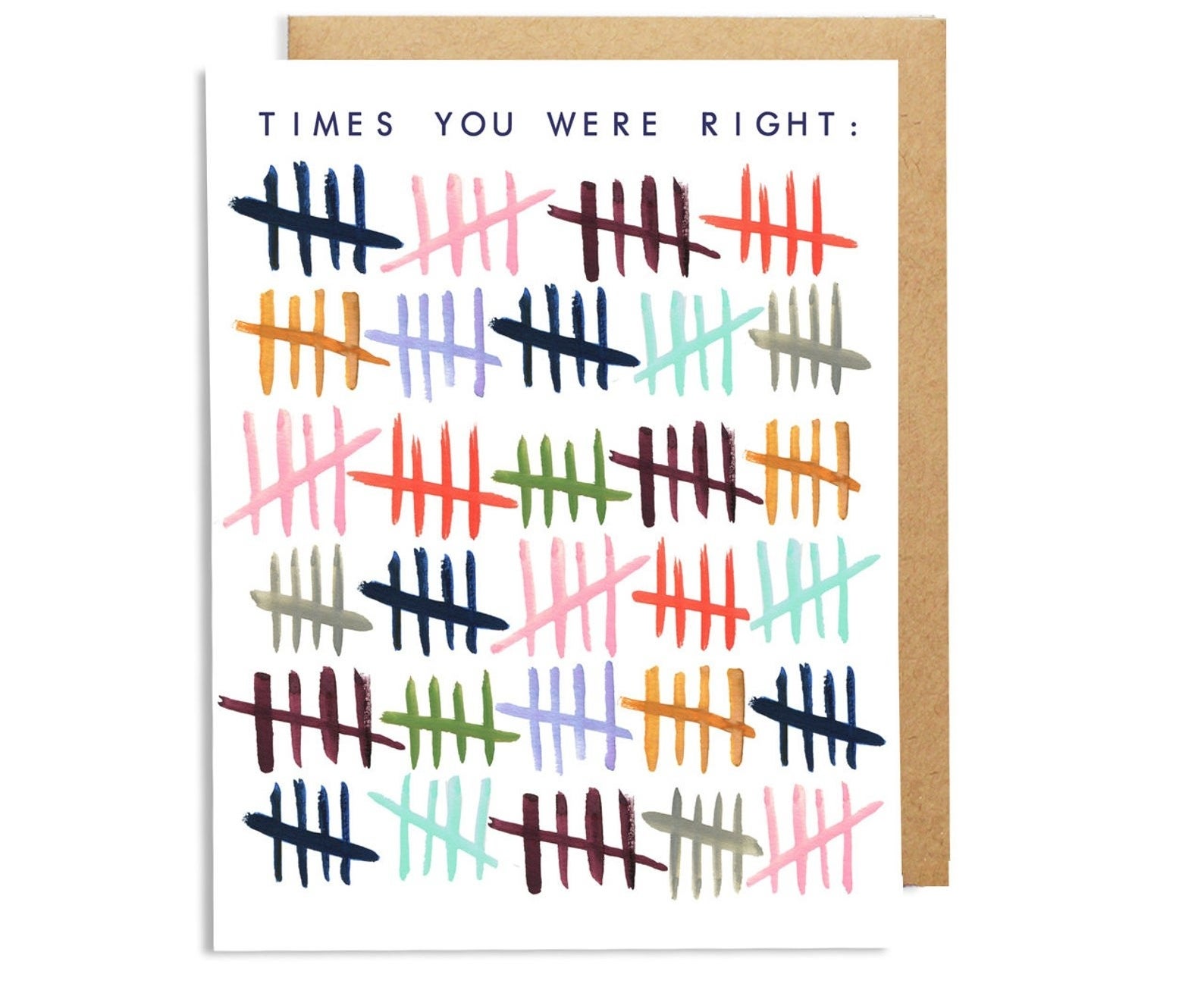 the card that reads &quot;times you were right&quot; in black font at the top with an illustration of different colored tallies