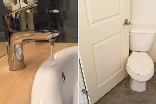 A faucet installed so it pours on the edge of the sink, and a bathroom door installed so it can't close because it hits the toilet