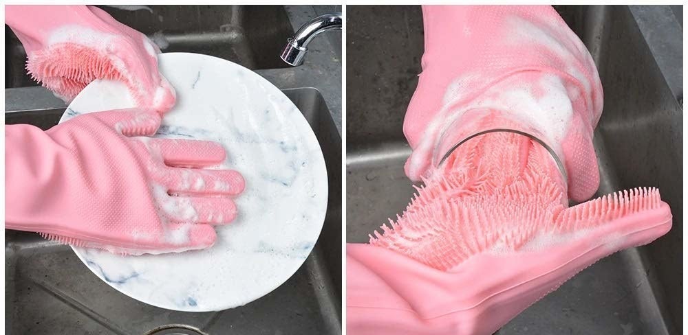 A person wearing the gloves and washing a plate and a glass tumbler.