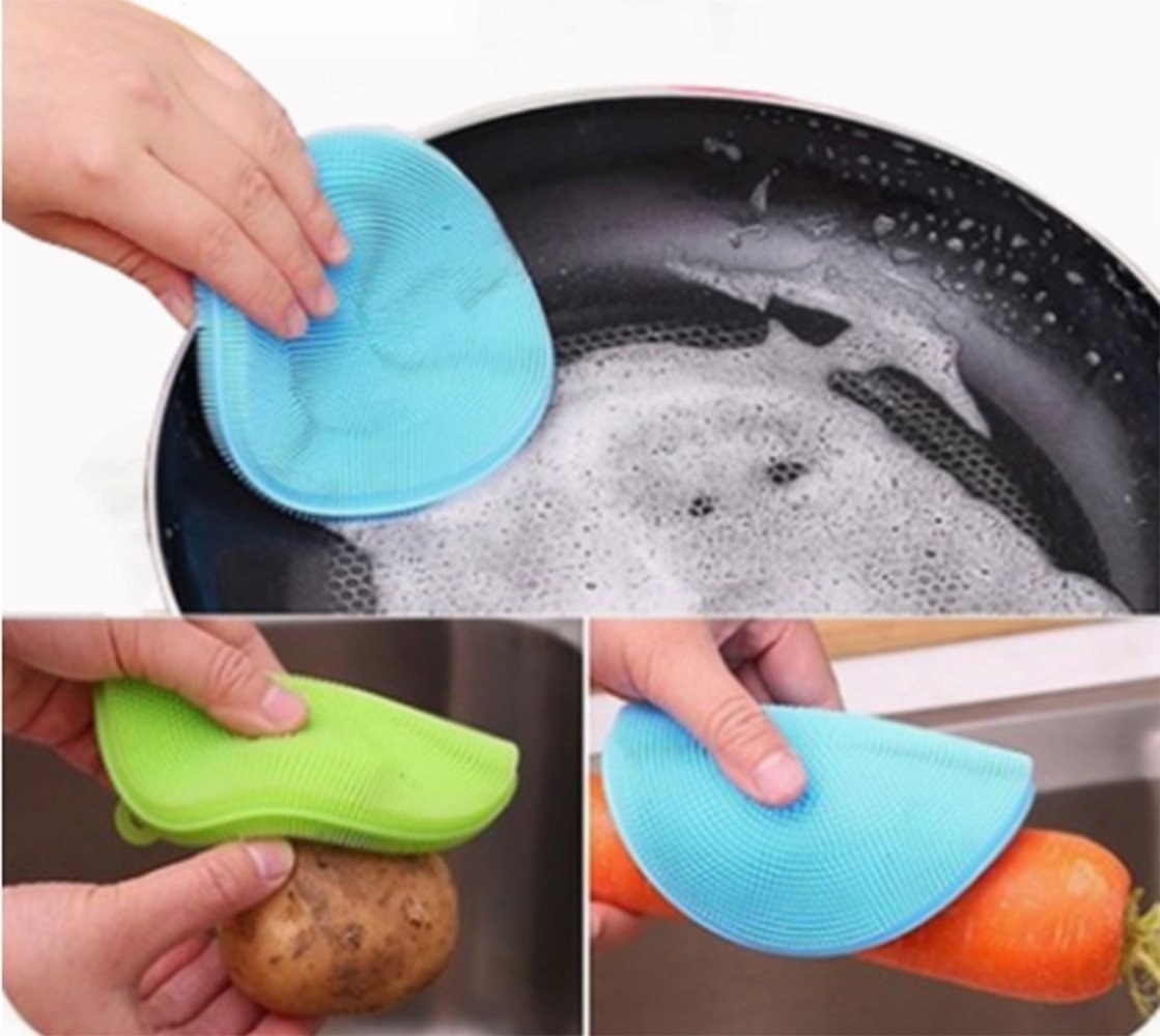 A collage of a person using the silicone scrubber to clean pans and vegetables.