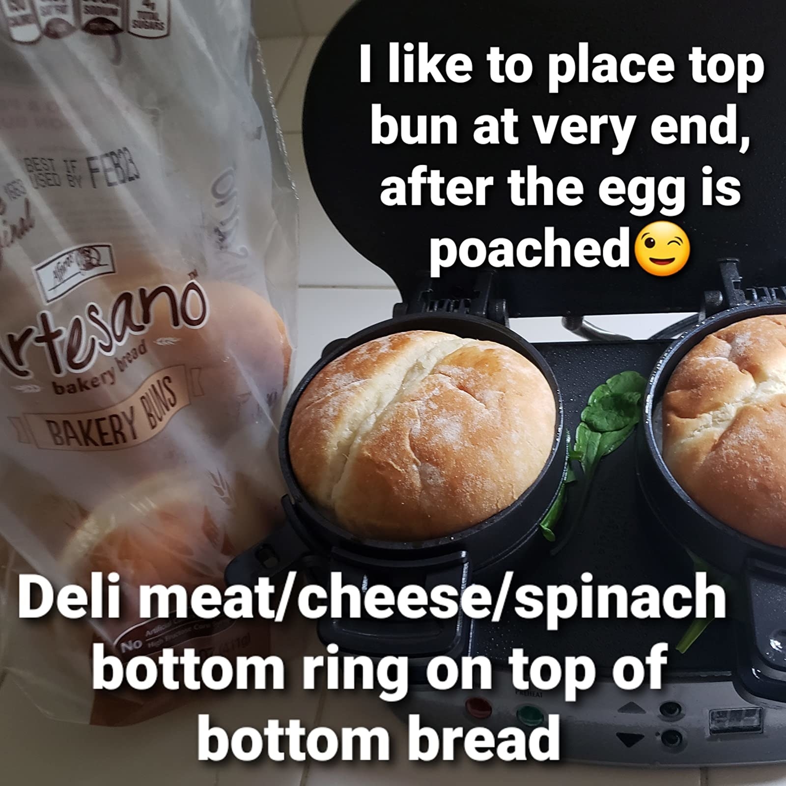 A reviewer makes sandwiches with the product. Text on the image reads: &quot;I like to place top bun at the very end after the egg is poached. Deli meat/cheese/ spinach bottom ring on top of bottom bread.&quot;