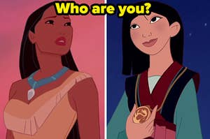 Pocahontas is in the wind on the left with Mualn holding her necklace on the right labeled, "Who are you?"