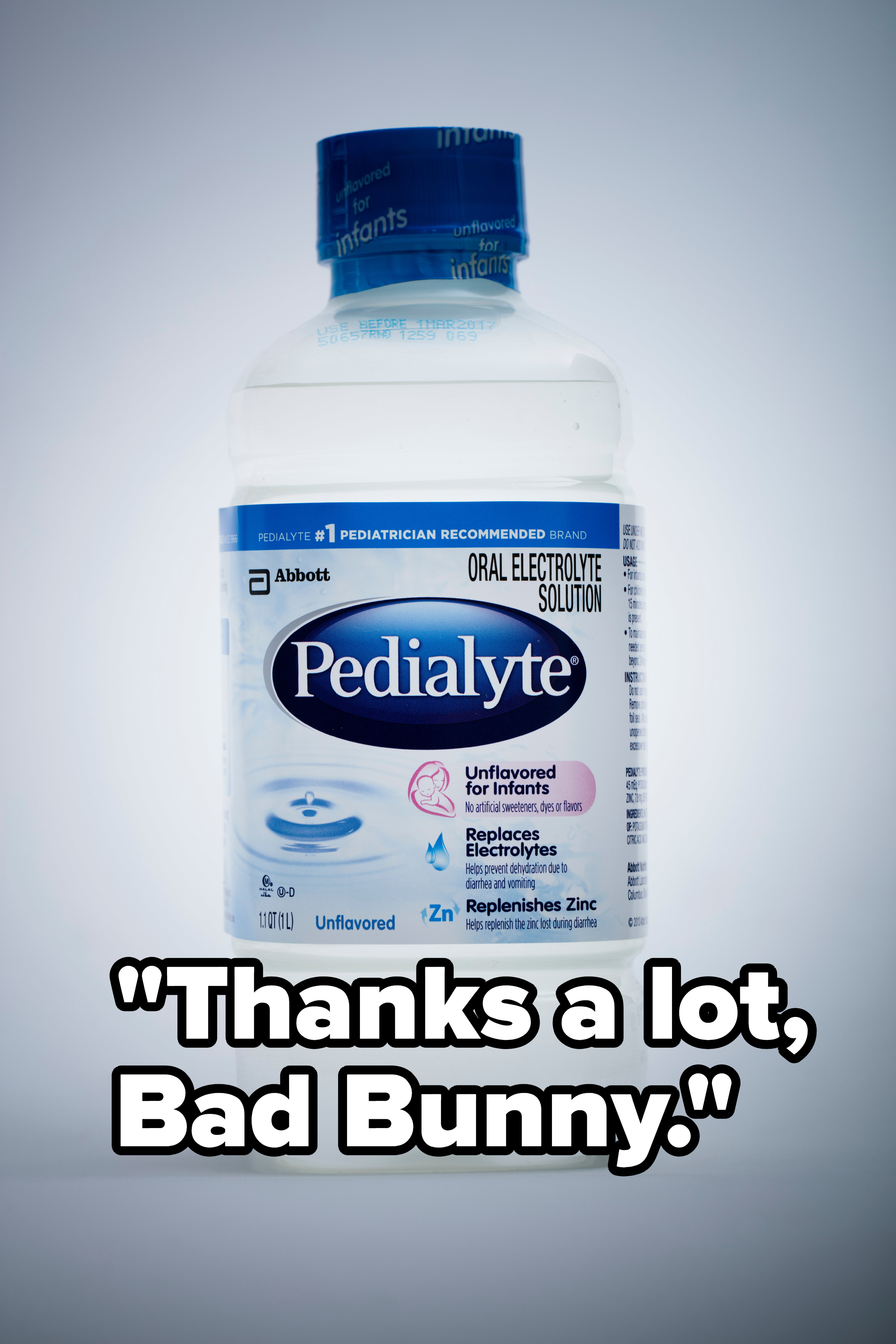 A bottle of Pedialyte with the caption &quot;Thanks a lot, Bad Bunny&quot;