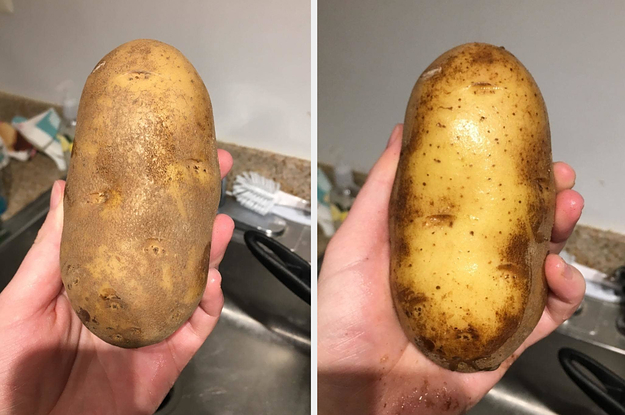 A potato before and after cleaning with a brush