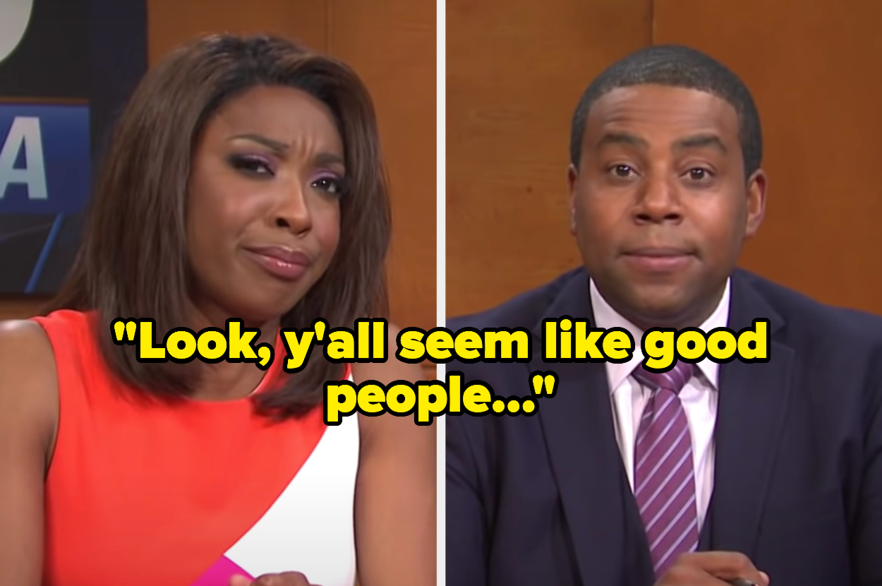 Actors as news anchors and the quote, "Look, y'all seem like good people."