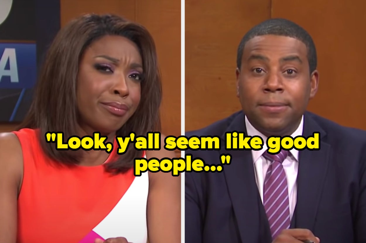 Actors as news anchors and the quote, "Look, y'all seem like good people."