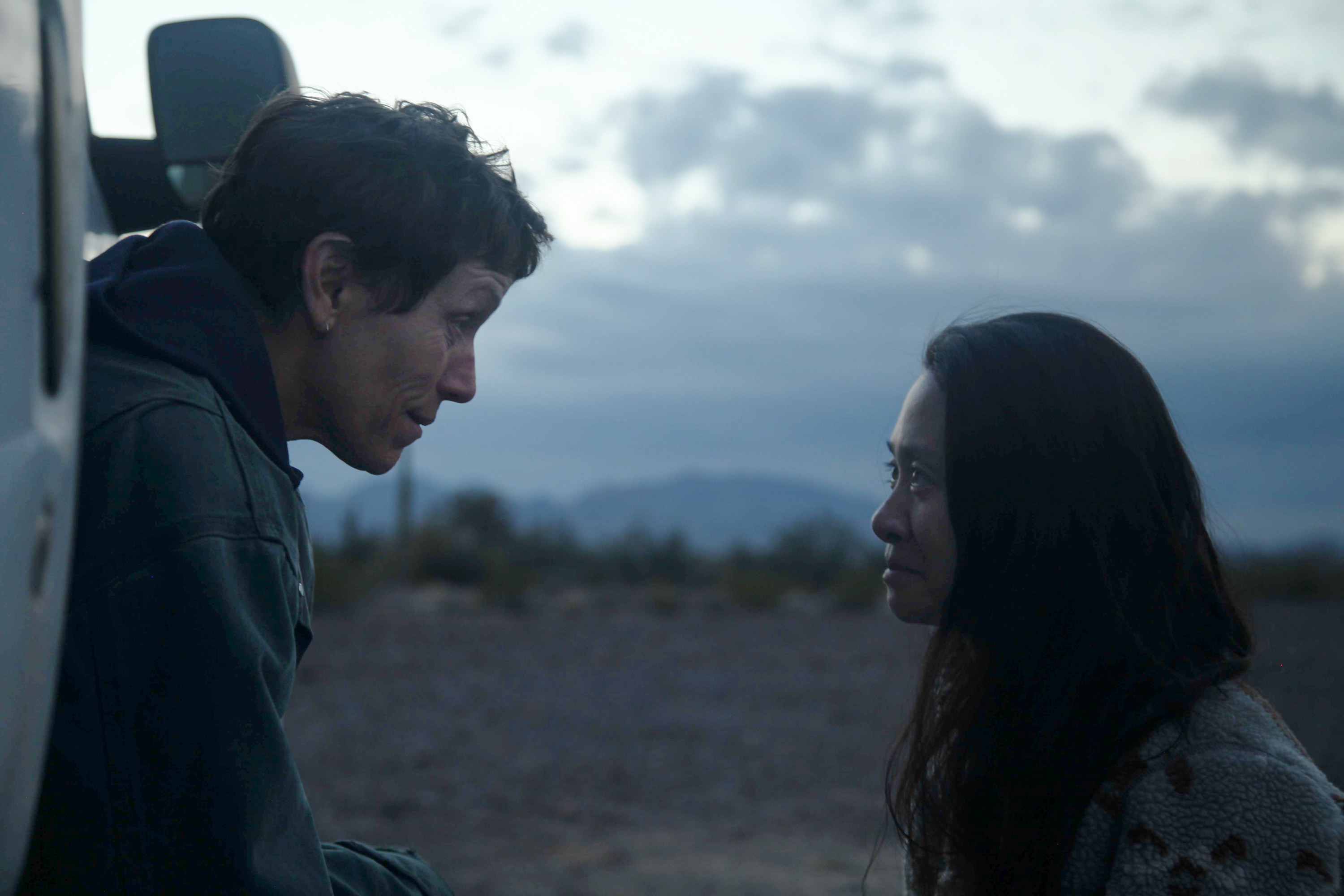 Frances McDormand and director-writer Chloé Zhao on the set of Nomadland