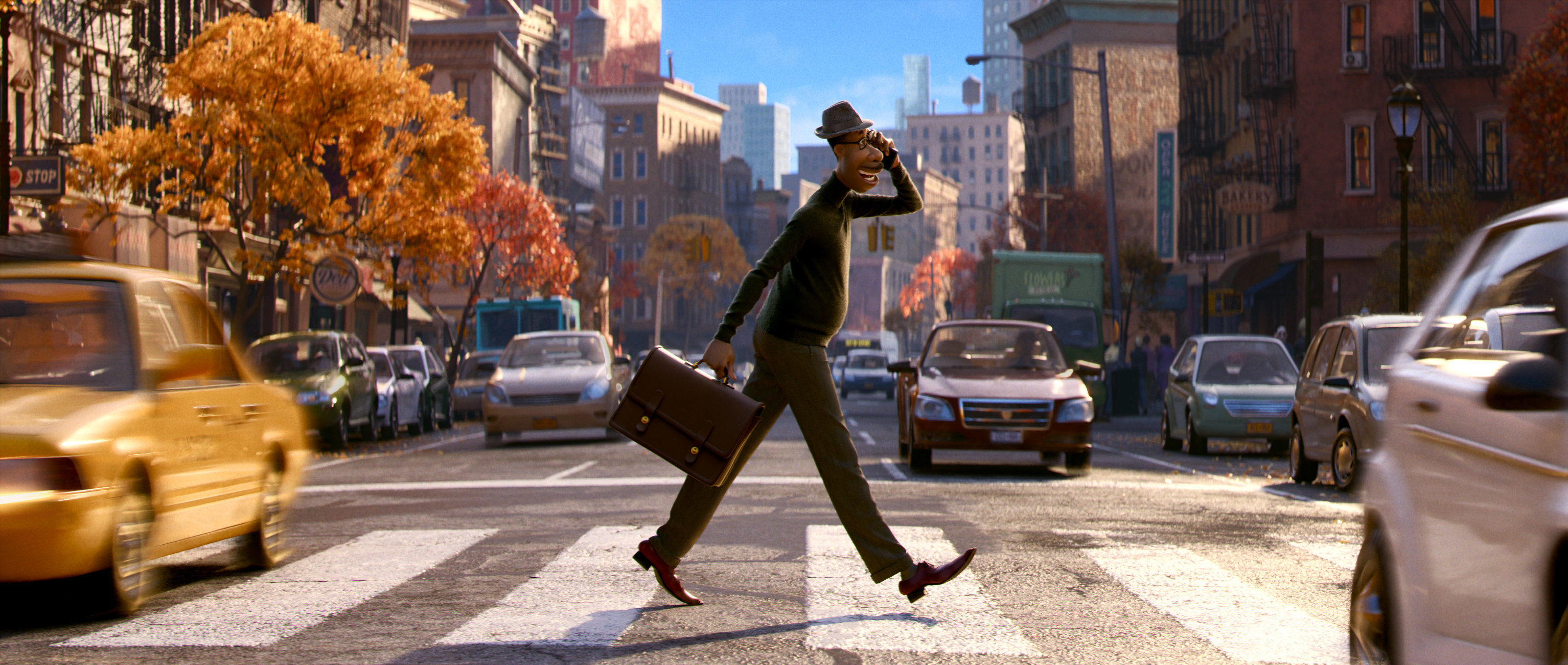 A computer-animated Black man crosses a street carrying a briefcase and talking on a phone