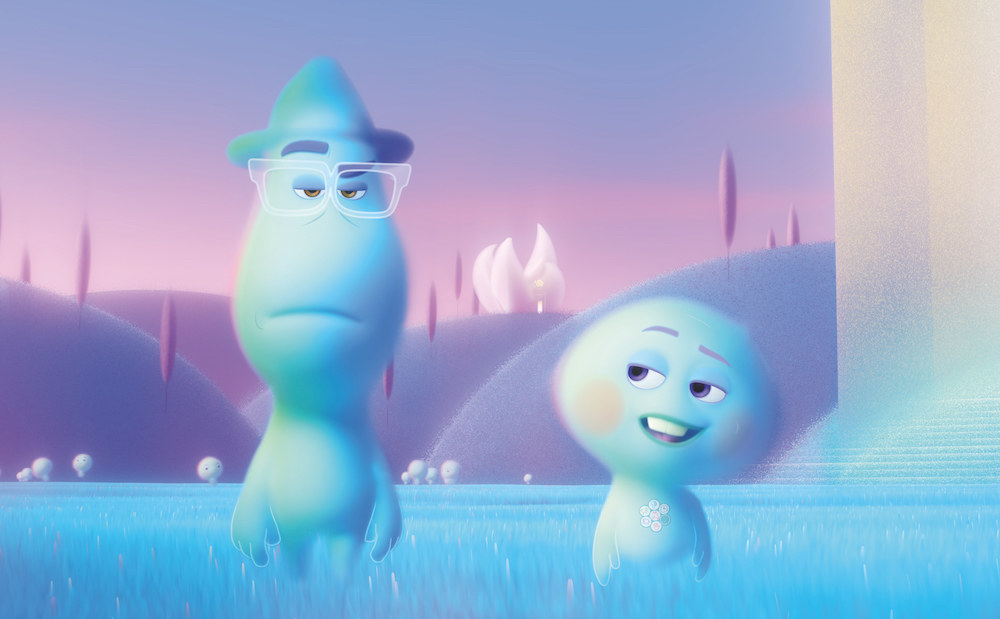 Two ghost-like souls in a pastel scene