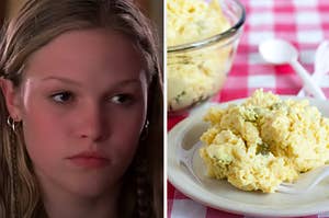 Julia Stiles is on the left looking sad with a plate of potato salad on a table on the right